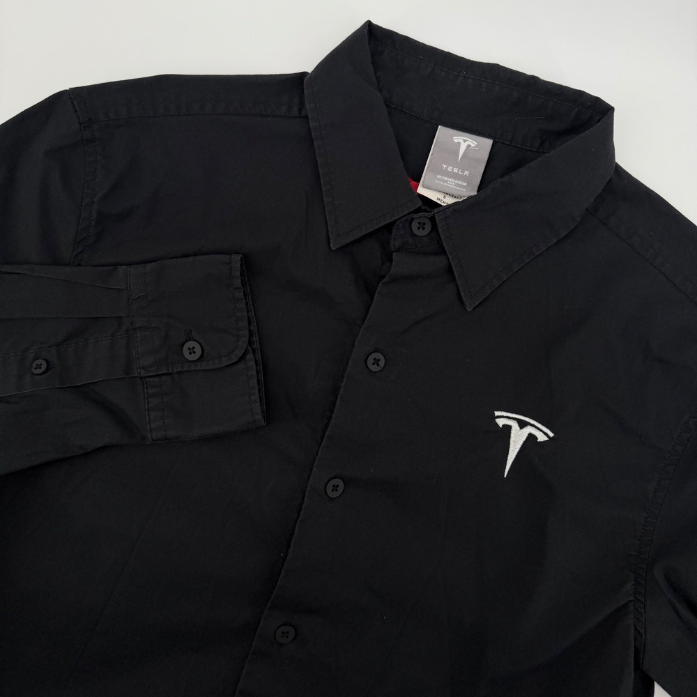 Tesla Mens Black Long Sleeve Button Down Shirt Embroidered Logo Size Small